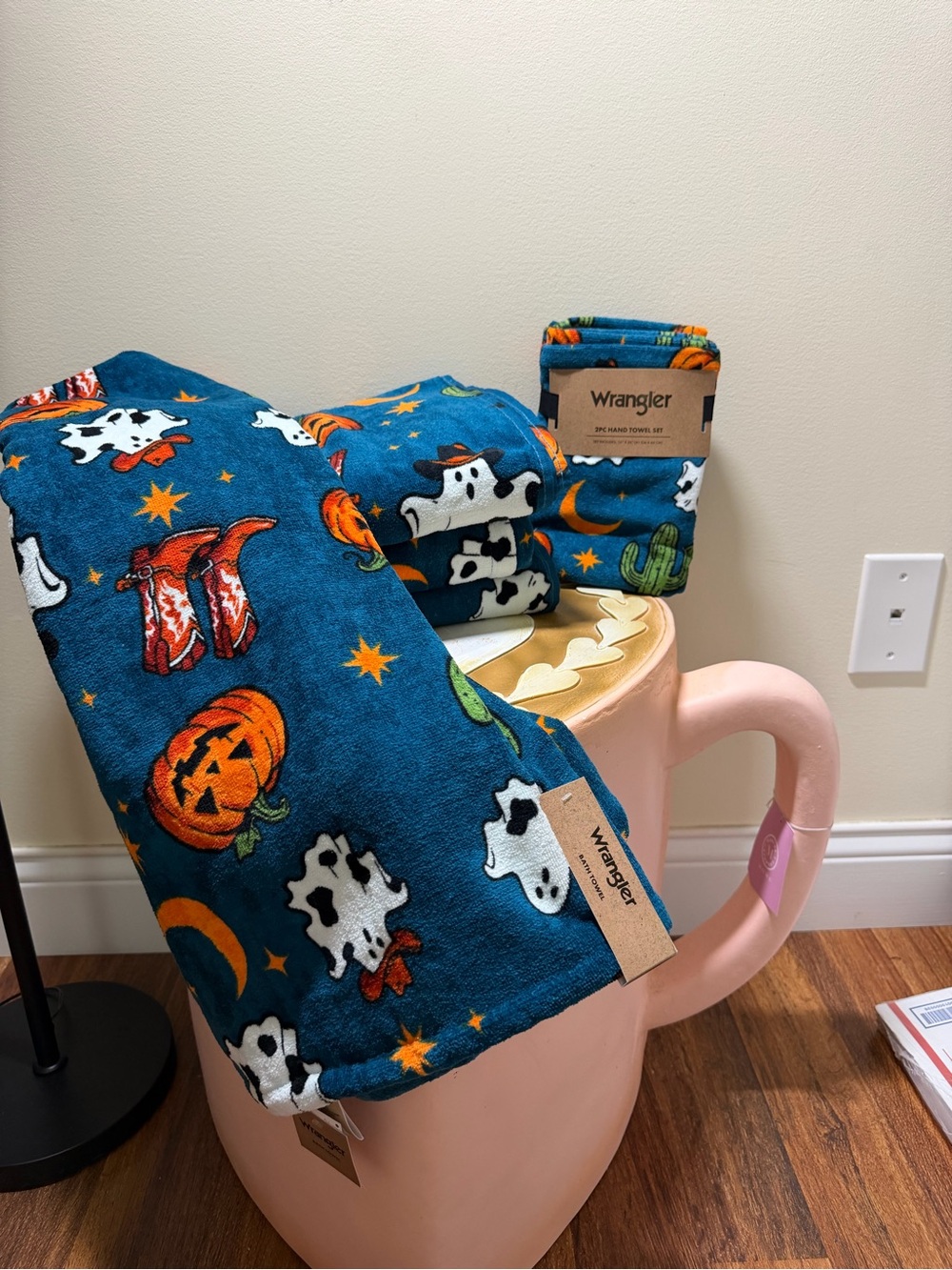 Set of Halloween Wrangler Bath Towels with Boots & Cow Ghosts & Hand Towel Set